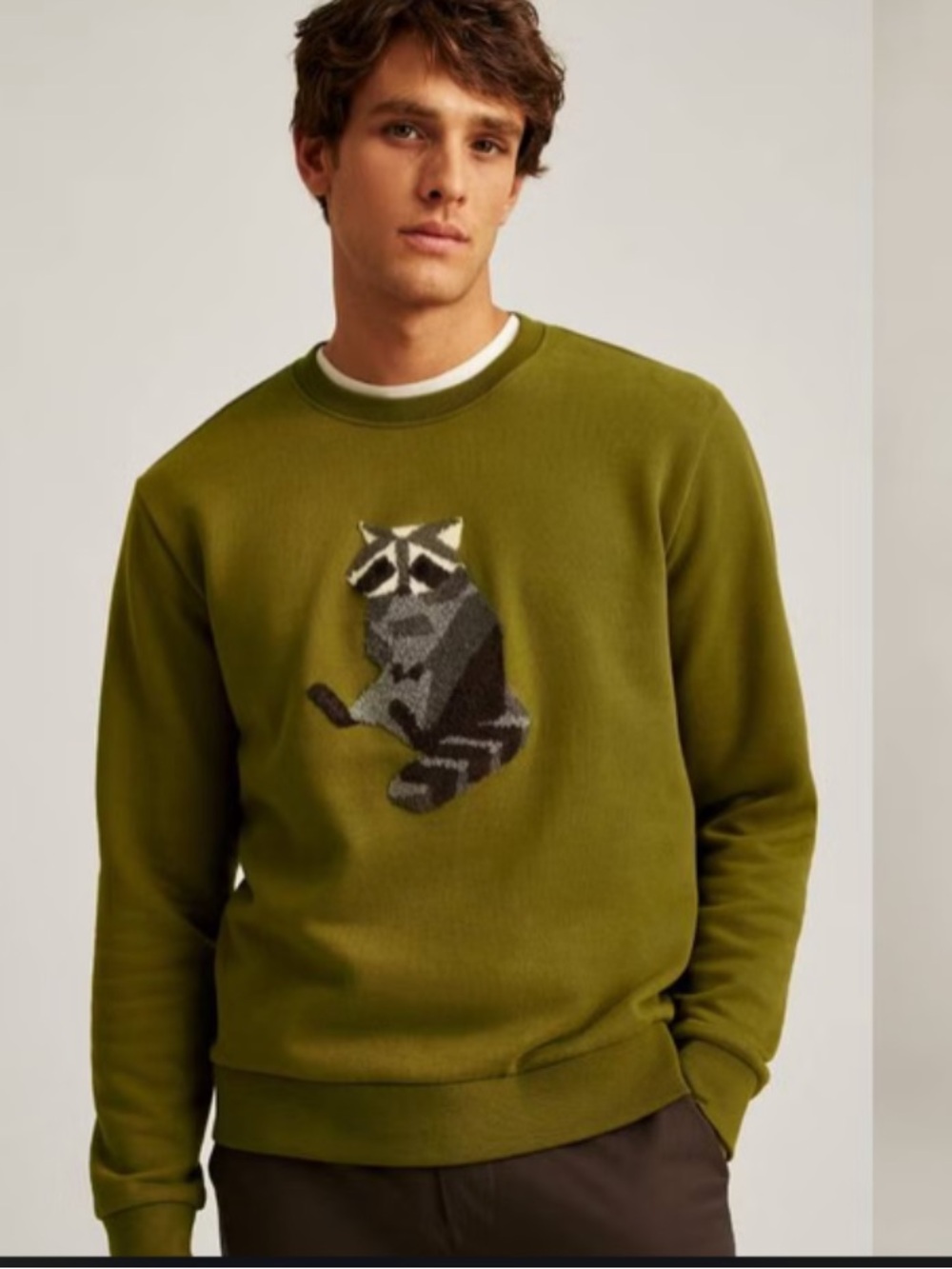 Bonobos Olive Green Crewneck Sweater with Raccoon Motif